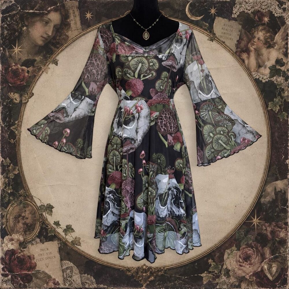 Hot Topic Skull Mushroom Mesh Bell Sleeve Dress
